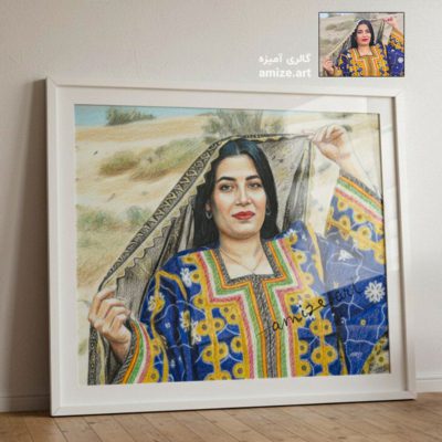 نقاشی چهره زن بلوچی با مداد رنگی