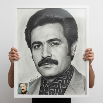 نقاشی چهره مرد بزرگسال با تکنیک سیاه قلم، حالت جدی و خنثی، در دست گرفته شده