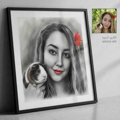 مهر و کنتراست: پرتره سیاه قلم دختر ایرانی با خوکچه هندی