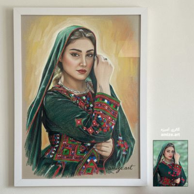 نقاشی چهره دختر لر با لباس لری با مداد رنگی