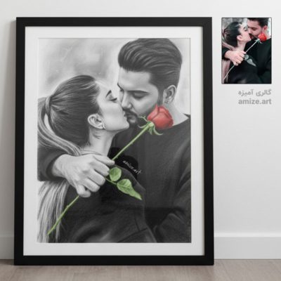 نقاشی چهره زوج جوان ایرانی در حال بوسیدن با مداد رنگی
