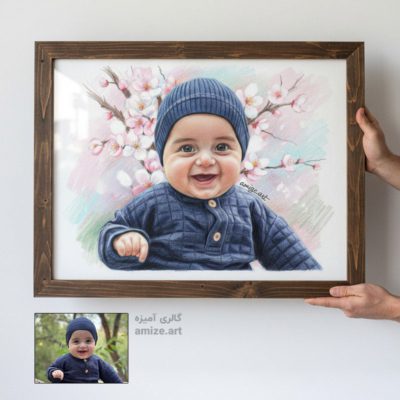 نقاشی چهره نوزاد پسر خندان با مداد رنگی