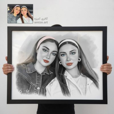 طراحی چهره دو دختر جوان صمیمی با سیاه قلم