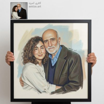 نقاشی چهره دختر و پدربزرگ خندان با مداد رنگی