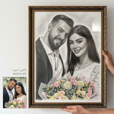 نقاشی چهره عروس و داماد خندان با تکنیک مداد رنگی و سیاه قلم
