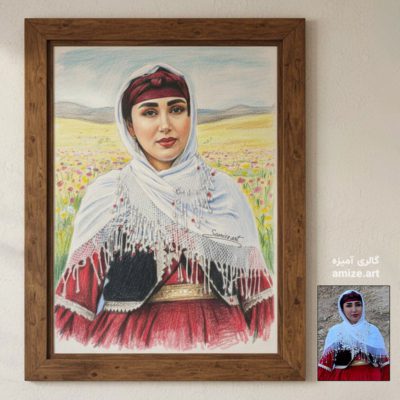 نقاشی چهره زن تالشی با مداد رنگی