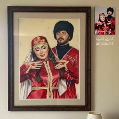نقاشی چهره زوج جوان با مداد رنگی و لباس آذری