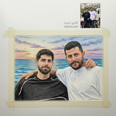 رفاقت در غروب ساحل: پرتره مداد رنگی دو دوست صمیمی