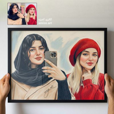 نقاشی چهره دو دختر جوان ایرانی با مداد رنگی