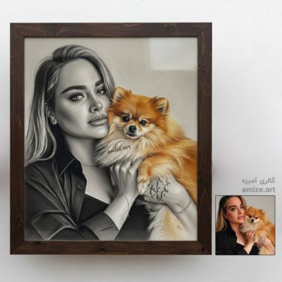 نقاشی چهره زن و سگ با تکنیک سیاه قلم و مداد رنگی